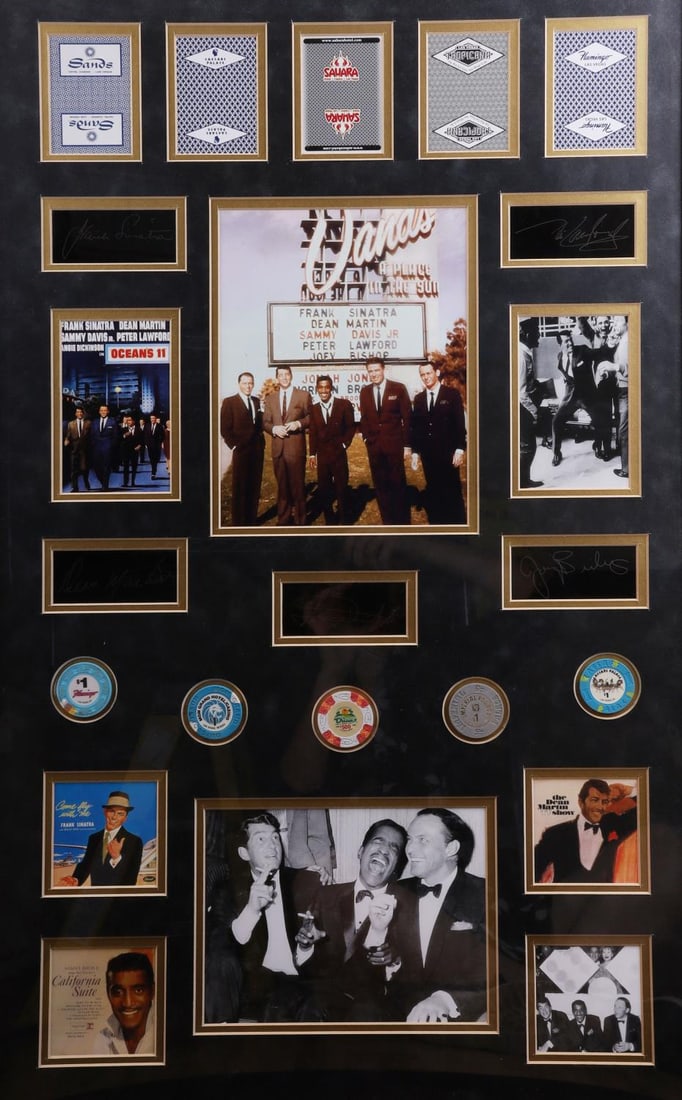 THE RAT PACK CHIPS CARDS MUSEUM FRAMED COLLAGE: A rare collage of The Rat Pack, chips and playing cards from the Sands, Caesars, Sahara, Tropicana and Flamingo casinos, assorted photos and signatures by all five. Beautifully framed and in very good