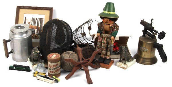ANTIQUE LOT TRAINS DOG COLLAR ANTLERS & MORE: General antique lot consisting of box of HO scale trains, antique coffee pot, spiked dog collar, fencing mask, dog bookends, deer antlers, nut cracker, blow torch, and more.