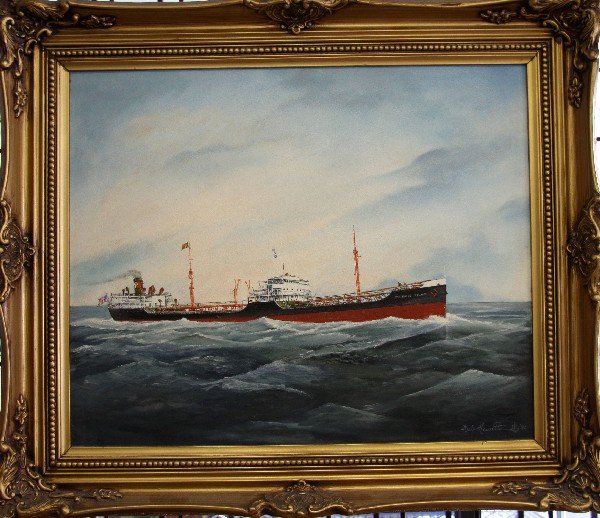HERB HEWITT ORIGINAL OIL OF PAN RHODE ISLAND SHIP: Original oil on board painting of tanker ship "Pan Rhode Island." Signed and dated (92) LR. In original frame. Panel size is 21.5 by 17.5 inches and overall size is 28 by 24 inches. Very good overall 