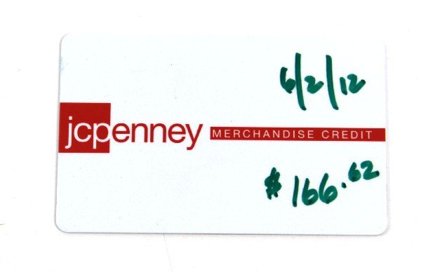 JCPENNY GIFT CARD $166.62: JC Penny gift card totaling $166.62.