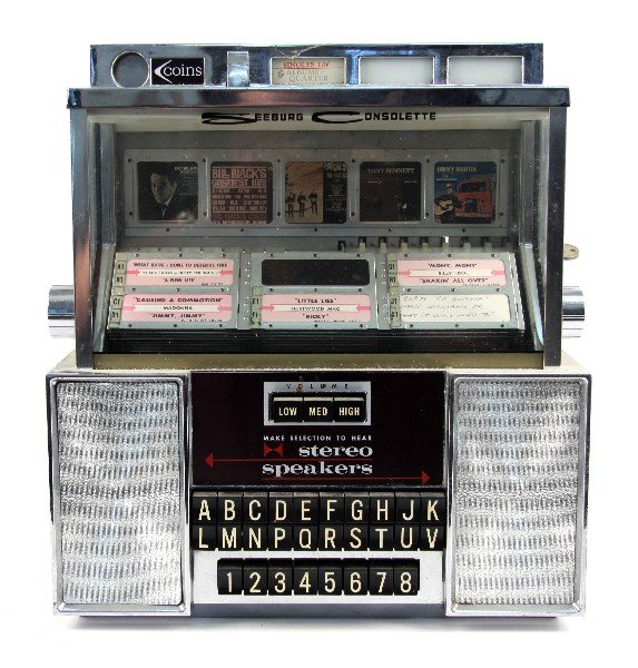 SEEBURG CONSOLETTE STEREO TABLETOP JUKEBOX: Seaburg Consolette stereo tabletop jukebox. Catalogue scroll sticks, some oxidation of the chrome. No tested. Overall, in good condition