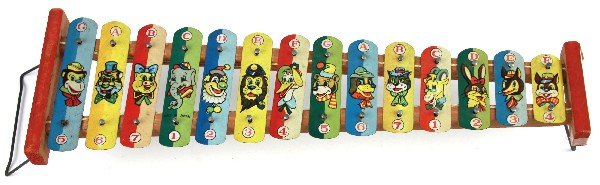1950S CHILDRENS XYLOPHONE WITH ANIMALS: 1950s Japanese Lithographed Xylophone. Marked "Made in Japan." Overall in very good condition.