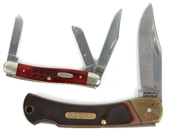 SCHRADE OLD TIMER 6-OT & CASE 6318 POCKET KNIFE: Lot of two folding pocket knives, both very good condition with moderate use, the case has scratches on one end, the old timer is better.
