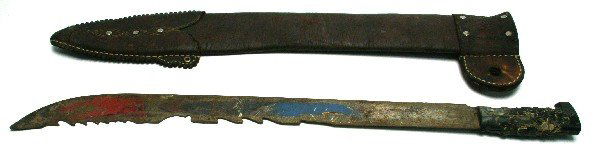 LARGE MACHETE WITH HANDMADE LEATHER SCABBARD: Large machete with 23 inch blade, manufacture marked Hansa Ecuador, and serrated on back. Hand made leather scabbard, with some age and wear. Significant rust on blade.