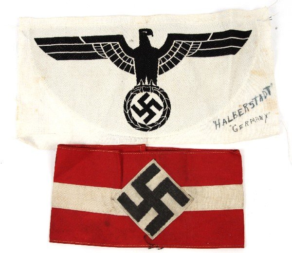 HITLER YOUTH HJ ARMBAND & WEHRMACHT SPORTS EMBLEM: Hitler Youth three piece armband and Wehrmacht sports shirt emblem, comes with Halberstadt Germany hand written note by GI captor.
