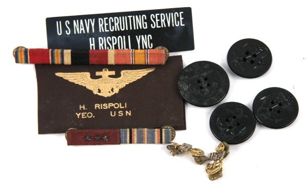 US NAVAL AVIATOR LOT H. RISPOPLI BARS PINS & MORE: Lot of US Naval Aviator items named to H. Rispoli YEO. USN, including leather jacket name patches, USN recruiting service badge, ribbon bars, coat buttons, and lapel pins. All in very good condition.