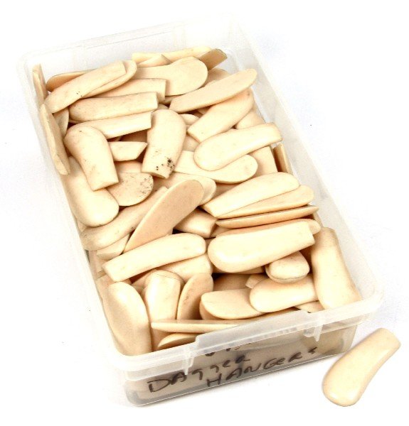 BOX FULL OF WHITE PLASTIC PISTOL GRIPS: Plastic box with probably 100 pairs of white plastic pistol grips, similar to early Smith & Wesson pocket pistols, each about 3 and 1/8 inches.