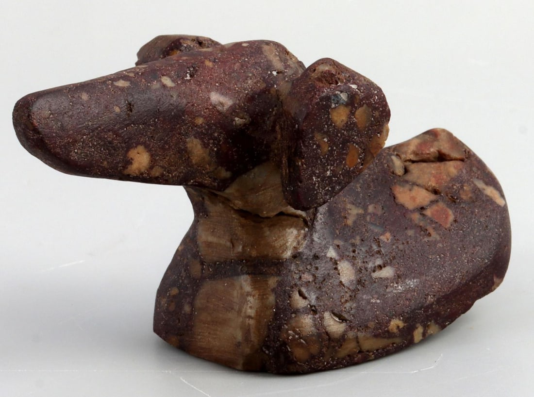 PORPHYRY POPEYE WOODLAND PERIOD BIRDSTONE: Nice detail, non drilled, Missouri collection, some loss on base but may be natural, measures 3 1/4 by 1 3/4 inches.