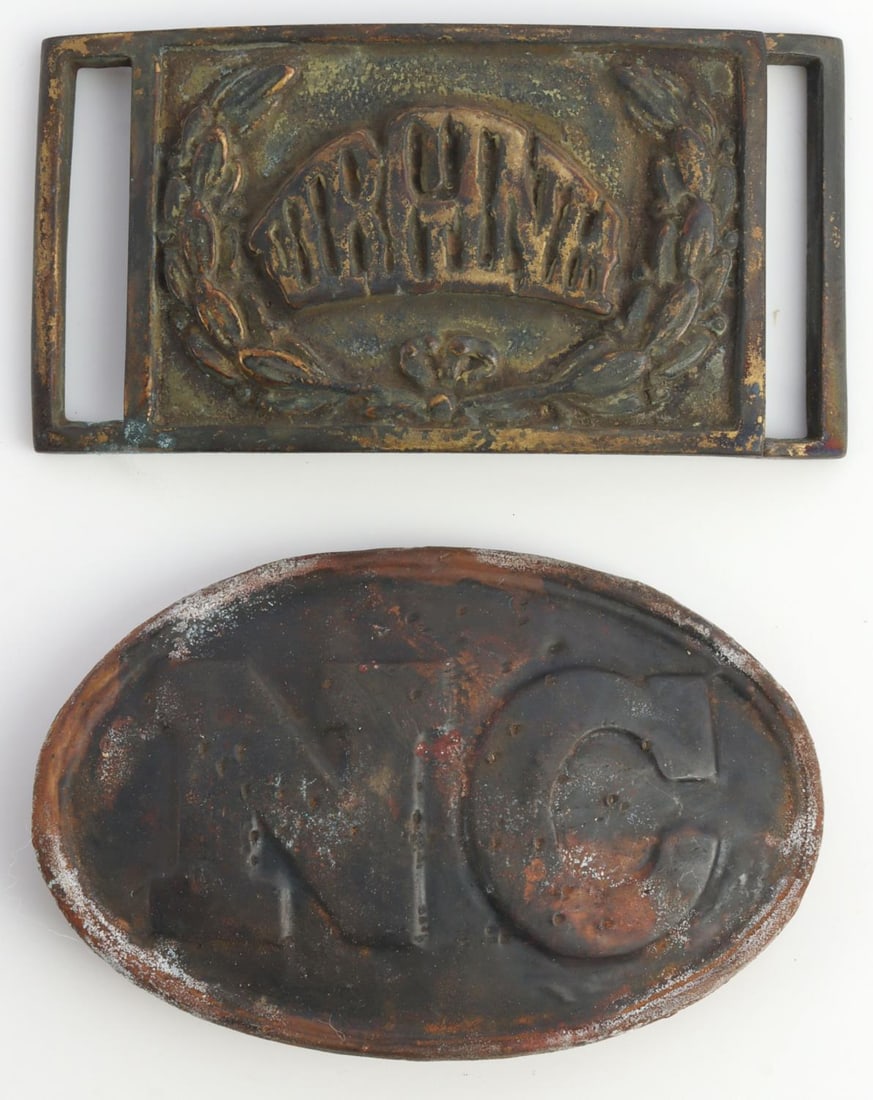 ANTIQUE CIVIL WAR N.C. AND VIRGINIA BELT BUCKLE: Brass belt buckle with lead filled back. Puppy paw belt hooks on reverse for the NC belt buckle. Measures 2 1/8 X 3 1/8 inches. Virginia belt is 2 piece. Very good condition. Collection acquired from 