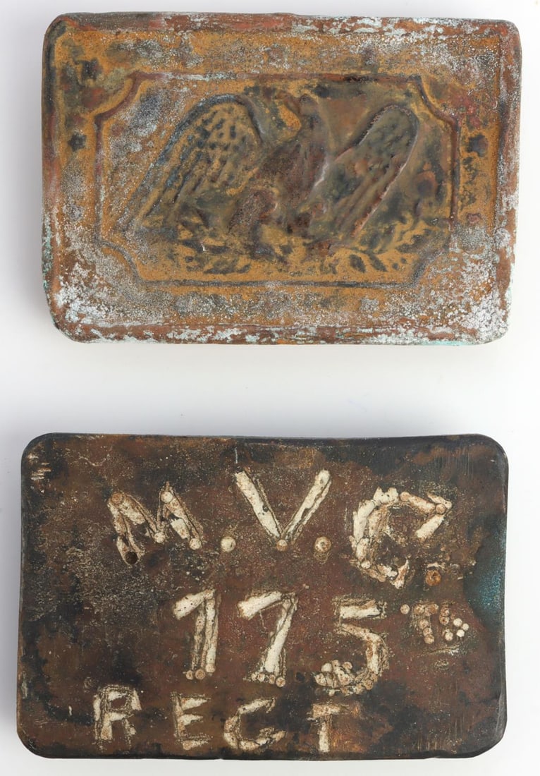 US & MARYLAND VOLUNTEER CORPS BELT BUCKLES: Hand made belt for an M.V.C. soldier. Also included is a standard Union belt buckle with federal eagle. They are brass and measure 3 1/4 X 2 1/4 inches.