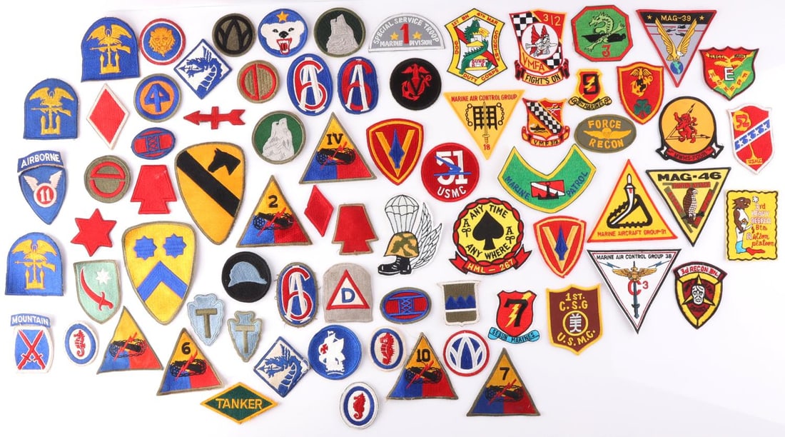 58 WWII - VIETNAM PATCH LOT 27 USMC 42 US AIRBORNE: Includes 27 USMC Vietnam era and 31 Army with several Airborne.