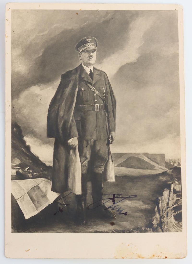 WWII GERMAN REICH SIGNED HITLER POSTCARD: Postcard measures 5 13/16 inches tall by 4 1/8 inches wide. Signature in blue ink which has become darker over the years. Card has some wear present at the lower right and upper left. Reverse of postc