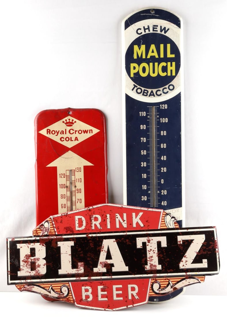 RC COLA THERMOMETER & BLATZ BEER & MAIL POUCH: Th RC Cola Thermometer still works measures 25 inches and is deemed period and authentic, the others although convincing are not.