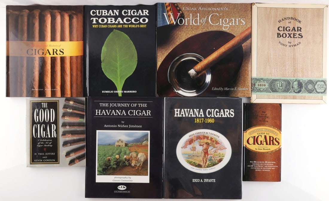 8 CIGAR REFERENCE BOOKS HAVANA CIGARS & MORE: All stock from the Vendetta Cigar Shop and Lounge, formerly in the Lobby of the Fairmont Hotel San Francisco and include Havana Cigars, The Journey of the Havana Cigar, Cuban Cigar Tobacco, History of