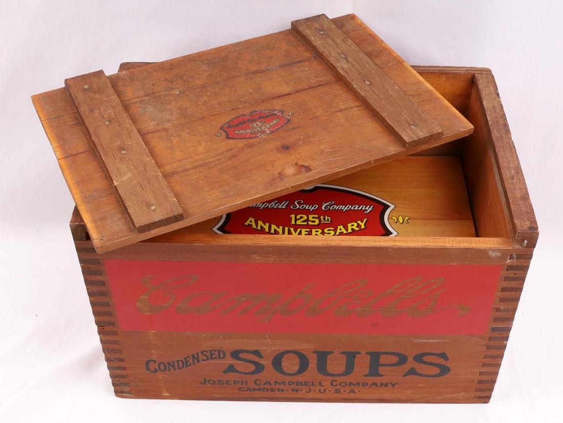 1994 CAMPBELL SOUP 125 YR ANNIVERSARY WOOD BOX: Vintage 1994 Campbell Soup 125th Anniversary wooden crate display. These were produced as point-of-sale merchandising/advertising that Campbell's customers could order to use as an in-store display to