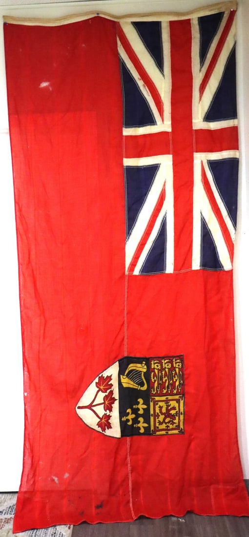 1957 CANADA CANADIAN FLAG BANNER ENSIGN 49 X 107: Some holes, overall good condition as photographed. Scyco manufacturer.