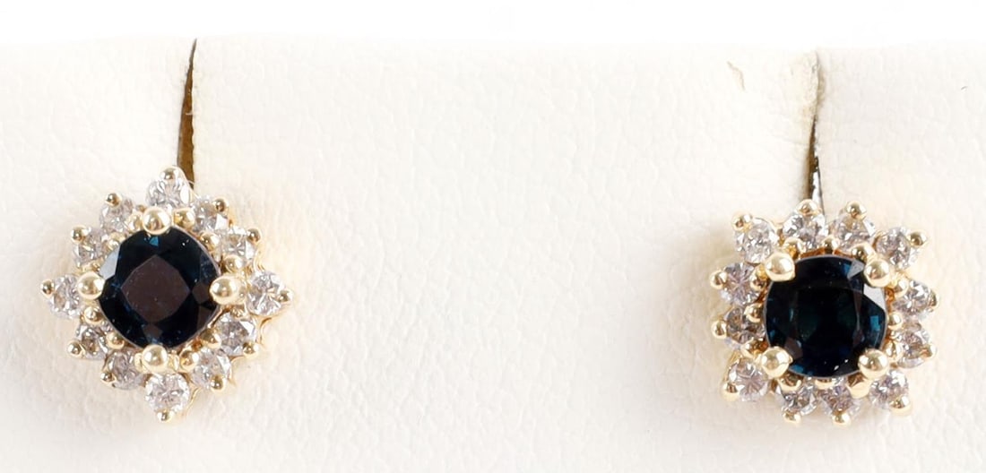 14K YELLOW GOLD DIAMOND SAPPHIRE STUD EARRINGS: Stamped "14K" on post. Sapphires measure 4.24 millimeters. Total weight 2.6 grams. This lot has a reserve.