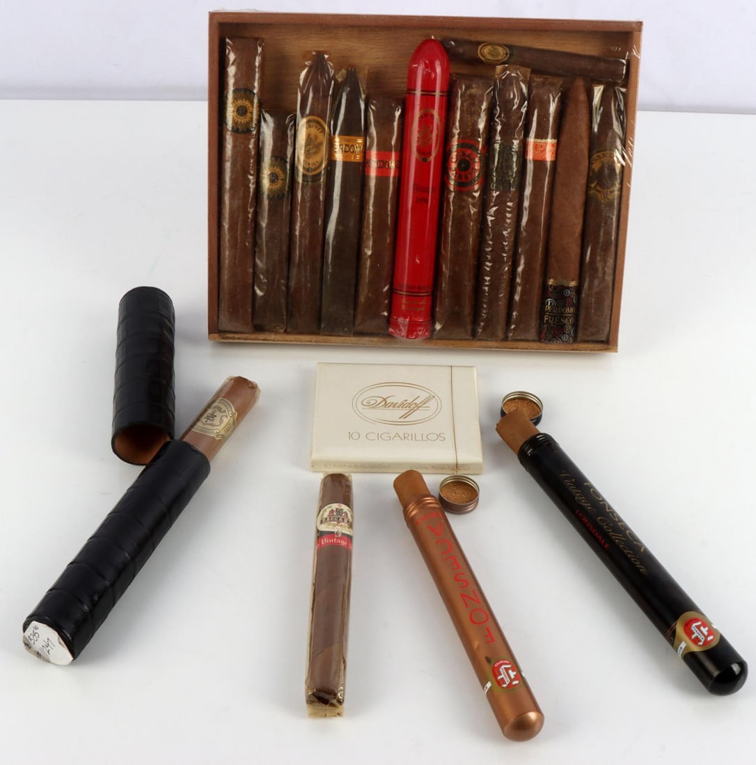 SEALED CIGAR LOT 24 ZINO DAVIDOFF PERDOMO FONSECA: All sealed includes 11 Perdomo Variety Pack, 1 Zino Platinum Grand Master in leather tube, pack of ten Davidoff Cigarillo, Fonseca Lonsdale, and Corona and a Baccarat.