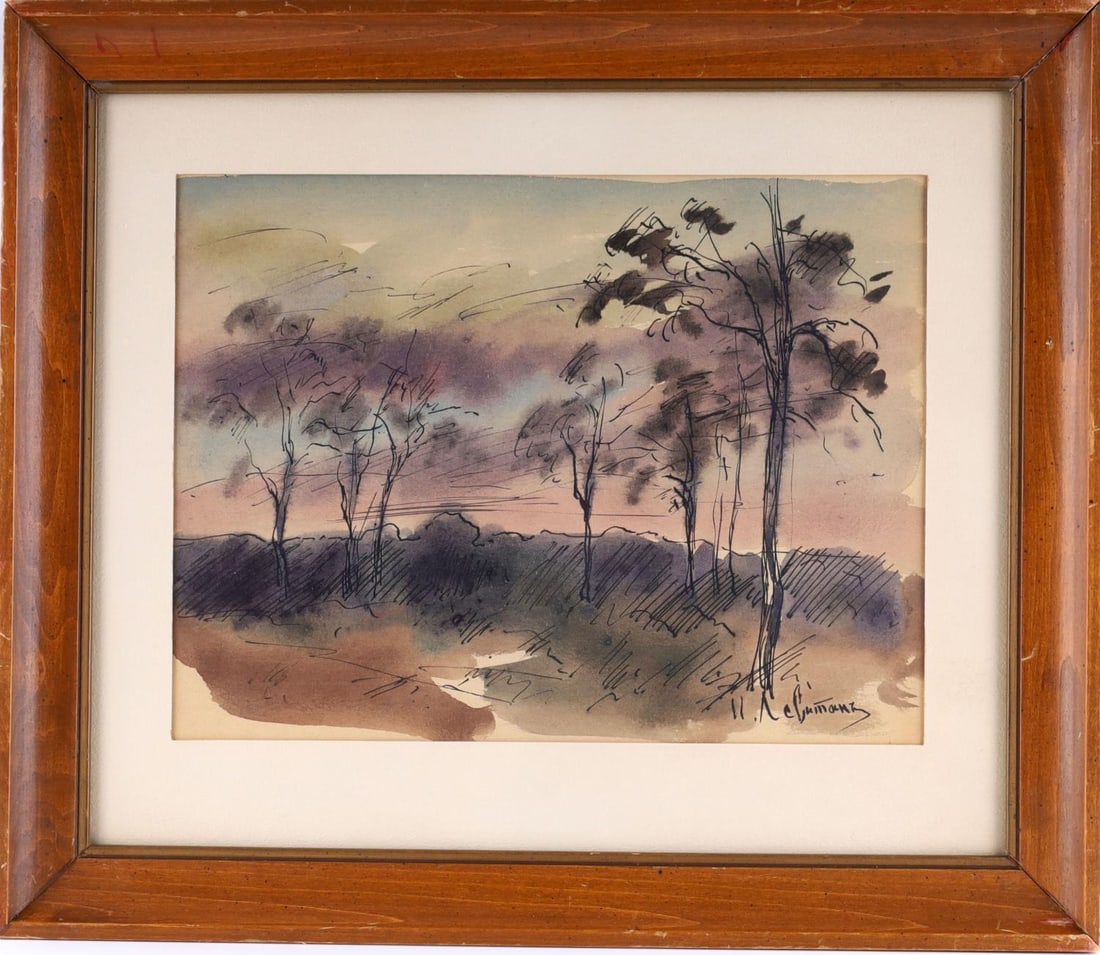 AFTER ISAAC LEVITAN RUSSIAN WATERCOLOR PAINTING: Watercolor on paper landscape in the style of Isaac Levitan (1860-1900) Russian/Jewish best known for his landscape "Moodscape " styling. Condition: artist signed, framed under glass. Dimensions: imag