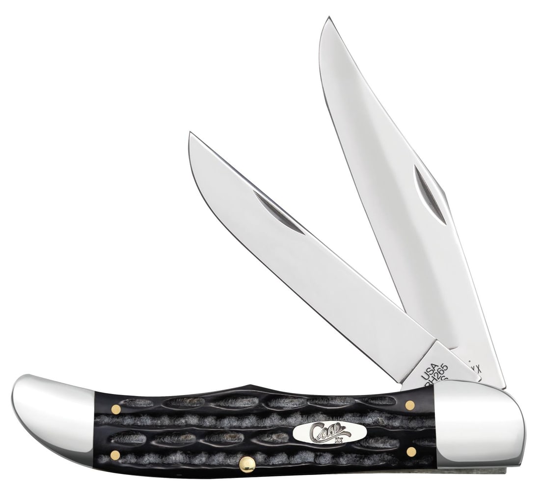 CASE JIGGED BUFFALO HORN FOLDING HUNTER W SHEATH: New in the box and accompanied by a leather sheath. Case Folding Hunter approx. 5 1/4 inches long (folded/closed), weight 7.5 ounces. The handle is Jigged Buffalo Horn with an Oval Nickel Silver Scrip