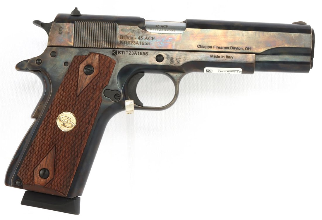 CHARLES DALY BRIXIA .45 SEMI AUTO PISTOL NIB: Brand new in box with two 8-round magazines, cleaning kit, and manual. 5 inch barrel with diamond checkered walnut grips. FFL required for transfer. No international shipping. Know your state's firear