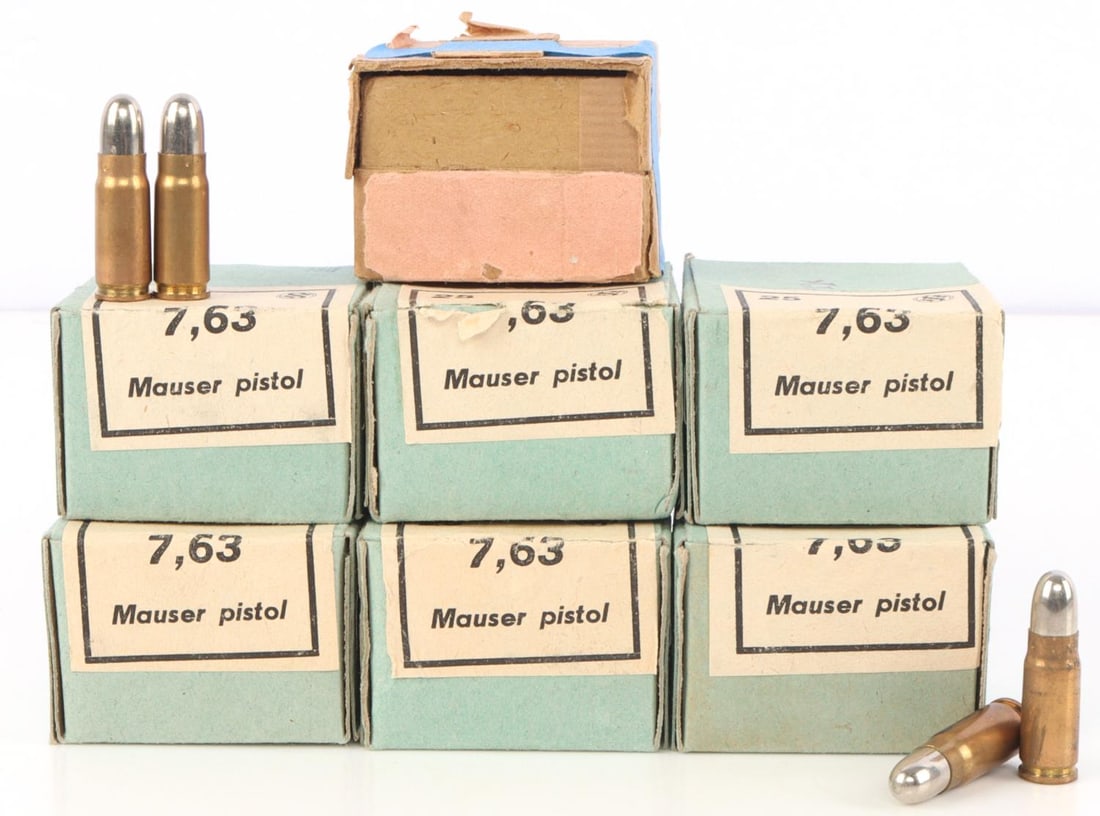 175 ROUNDS OF 7.63 MAUSER PISTOL AMMUNITION: Seven boxes containing twenty-five rounds each of 7.63 Mauser Pistol ammunition. Six boxes have not been opened, one is resealed with tape. See photographs for condition.