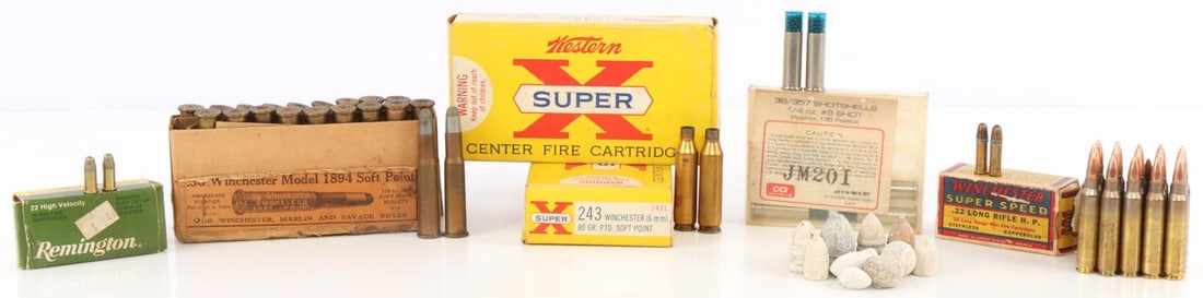 APPROX. 160 ROUNDS OF VINTAGE WINCHESTER CARTRIDGE: Lot of one-hundred and sixty-three (163) rounds of vintage ammunition cartridges including Winchester Super X 243, .30 Winchester Model 1894 SP, Winchester Super Speed .22LR,38/357 CCI shotshells, .22
