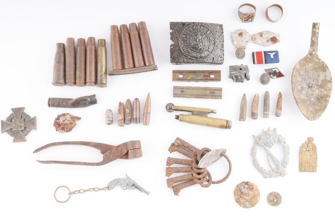 WWII BATLEFIELD RELICS FOUND GERMANY & HOLLAND: Good mix of excavated items, bullet mold, belt buckle, Hitler Youth Diamond, Soviet buttons, rings badges. And more as photographed