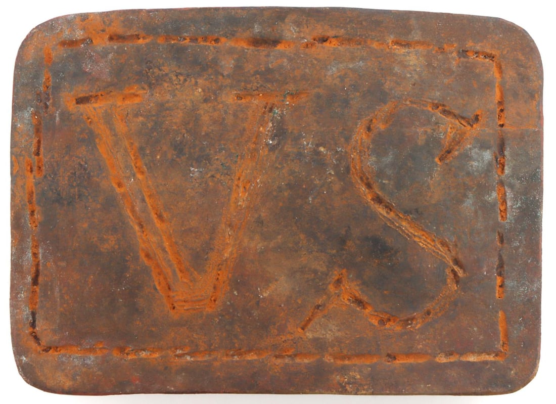 CIVIL WAR CONFEDERATE VIRGINIA BELT BUCKLE: Soldier made belt buckle carved with VS. Bronze belt buckle. Measures 2 1/8 X 2 7/8 inches. Very good condition. Non-magnetic. Collection acquired from a family who searches battlefields for belt buck