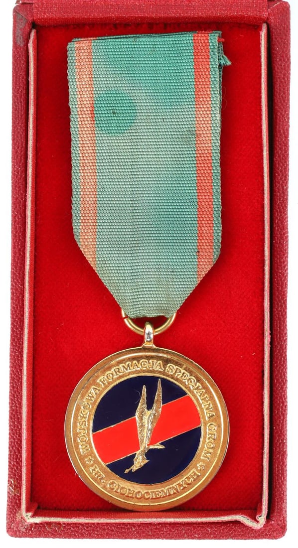 POLISH GROM ELITE SPECIAL FORCES GOLD MEDAL: Polish Elite Special Forces "Grom"(Polish Operational Mobile Reaction Group) gold medal of merit. Comes in original case. Medallion features diving eagle perched on a thunderbolt, ring circumscribed, 