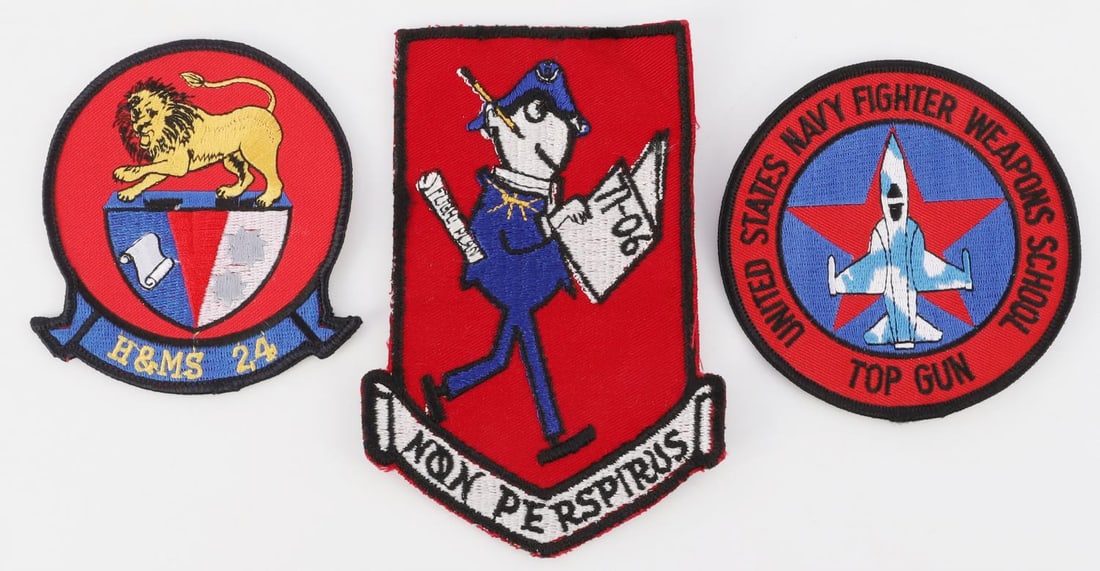 LOT OF 3 US MILITARY PATCHES MARINE NAVY AIR FORCE: MS-24 US Marine Headquarters Maintenance Squadron 24 Military Patch. US Navy Fighter School Top Gun Squadron patch. US Air Force Pilot / Navigation Training patch. All three are in very good condition