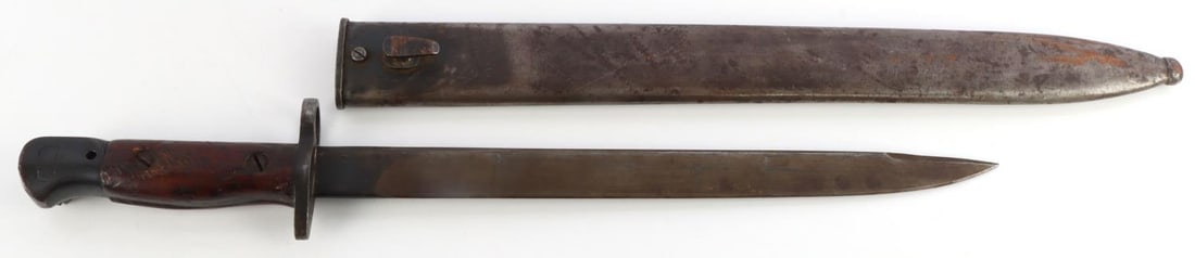 WWII BRITISH INDIAN BAYONET GRI M.K II R.F.I: British WWII Bayonet & Sheath GRI Mark III. Measures 17.5' x 2.5' wide inches. Very small amount of surface rust on the sheath but overall in very good condition.