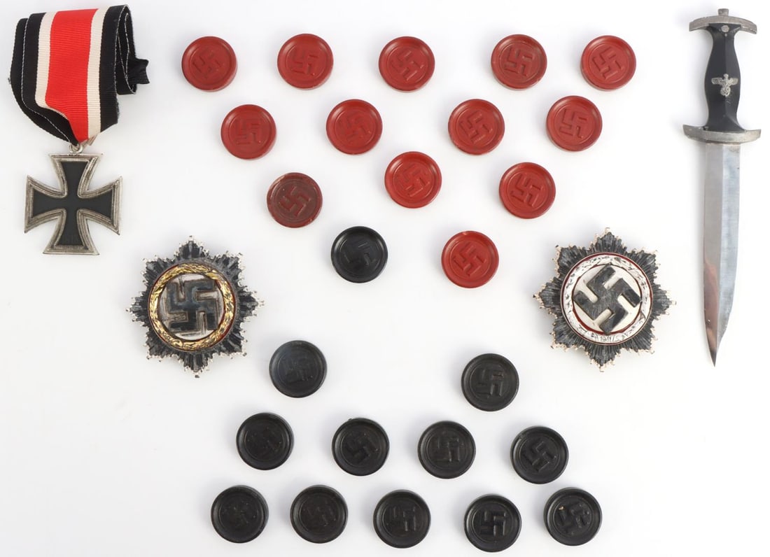 WWII GERMAN REICH DEUTSCHES KREUZ & DAGGER LOT: Lot of four (4) WWII German Reich items including two War Order of the German Crosses or Deutsches Kreuz, one silver and one gold, dated 1941 on front. Both crosses are stamped "1" on pin back. A Knig