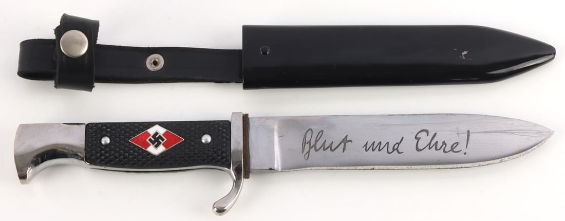 WWII GERMAN REICH HITLERJUGEND DAGGER & SCABBARD: WWII German Reich Hitlerjugend(Hitler Youth) dagger and scabbard. Dagger's blade reads, "Blut und Ehre"(Blood and Honor). Other side of blade is marked, "Anton Wingen. Solingen." Blade length approx. 