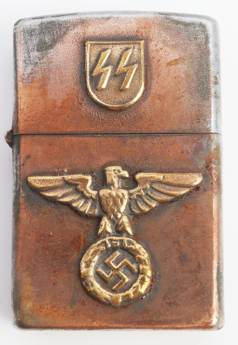 WWII GERMAN REICH WAFFEN SS CIGARETTE LIGHTER: WWII German Reich Waffen-SS Cigarette Lighter. Cap of lighter features the SS runes and base of lighter features the NSDAP eagle and swastika. Latch opens and locks properly. Marked, RZM, on the under