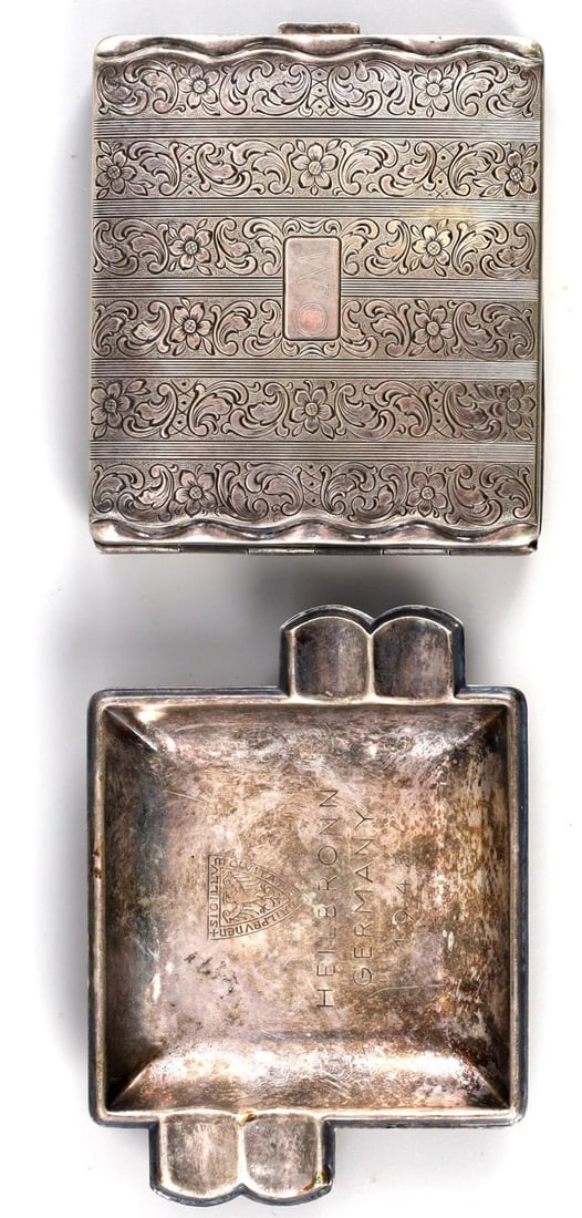 WWII GERMAN THIRD REICH CIGARETTE CASE & ASHTRAY: WWII German Third Reich silver cigarette case. Front is engraved with O. M. and the inside is engraved with "Buchenwald Einheit 2 1941" Condition is very good. Dimension: 3.2 X 3.5 inches. The ash tra