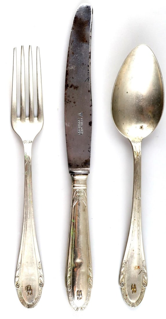 LOT OF 3 WWII GERMAN THIRD REICH SS FLATWEAR: Lot of WWII German Third Reich SS flatware. One fork, large spoon and knife. SS in gold on all three. All three are stamped ALPACCA. All are in very good condition. Unauthenticated and sold as is.