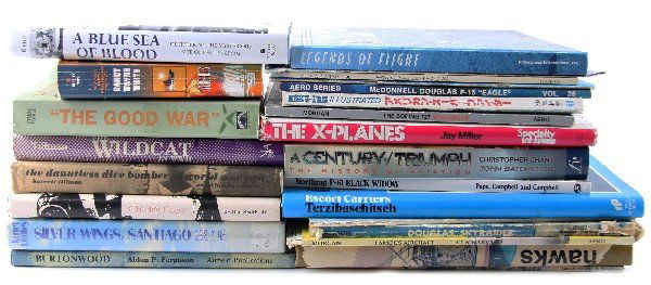LARGE COLLECTION OF MILITARY BOOKS: Collection of Military books including "The Good War" by Studs Terkel, "Everglades" by Randy Wayne White, "Burtonwood" by Aldo Ferguson, "Silver Wings Santiago Blue" by Janet Dailey, "Chick's Crew" by
