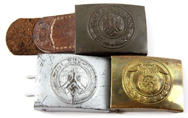 HITLER YOUTH WEHRMACHT NSDAP BELT BUCKLE LOT: Collection of WWII German belt buckles, includes Wehrmacht olive drab with 1940 dated leather tab, Hitler Youth, and NSDAP buckles. Overall very good condition.