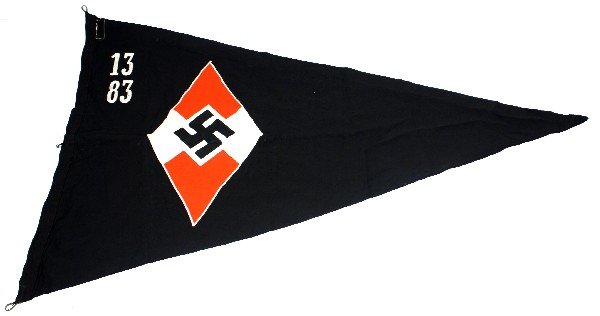 HITLER YOUTH PENNANT HITLER-JUGEND: Pennant with Hitler Youth logo over black embroidered with "13 83" Design is repeated on reverse. Measures 36 by 22 inches. Some slight staining on the logo, a few loose threads, overall in very good 