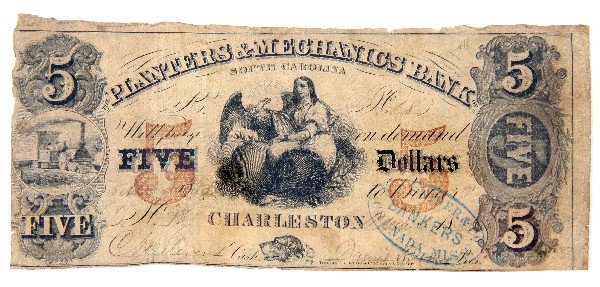CLEMENT H. STEVENS SIGNED 5 DOLLAR BANK NOTE: Planters & Mechanics Bank of South Carolina $5 bank note singed by Confederate Brigadier General Clement Stevens, the cashier of the bank prior to the outbreak of the Civil War. Overall in very good c