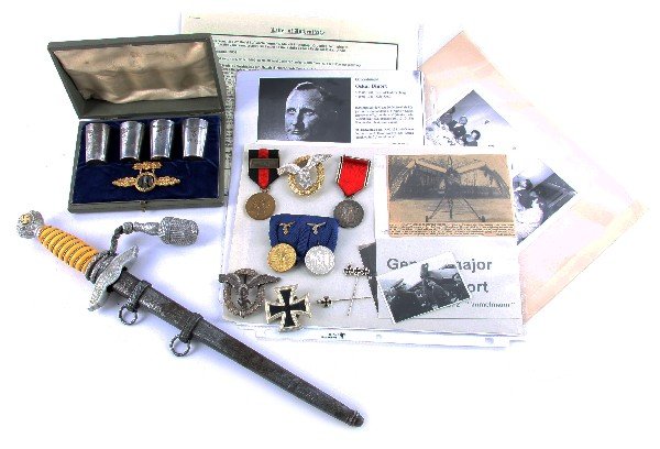 OSKAR DENORT NAZI LUFTWAFFE MAJORGENERAL ARCHIVE: WWII Major General of the Nazi Luftwaffe Oskar Denort's engraved dagger and medals archive. Personalized 2nd Model Luftwaffe Dagger, marked "Eickhorn" with squirrel logo. Reverse cross-guard is jewele