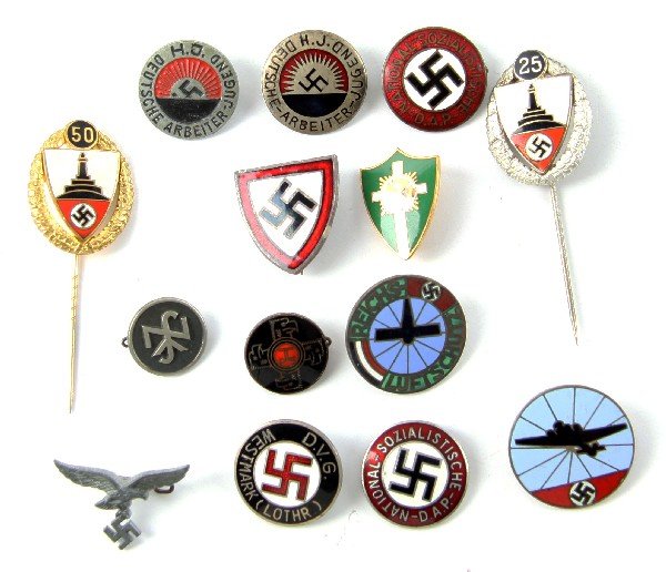 14 GERMAN WWII ENAMEL PINS NSDAP DVG HJ VETERAN: Two NSDAP pins, Swastika shield, DVG Westmark (Lothringen) Badge, NSV pin, Reichs Luftschutz pin, two Hitler Jugend Worker pins, German Christian Movement Badge with chipped enamel, Luftwaffe Auxiliar