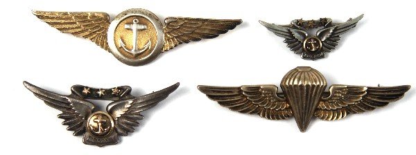 WWII & POST WAR NAVY COMBAT AIR CREW PARACHUTIST: Collection of four U.S. Navy badges to include: two 3 star WWII Combat Air Crew both sterling, two inch Amico with roller clasp and 45 degree opening, the second a Meyer Sterling 1 3/8 inch same type 
