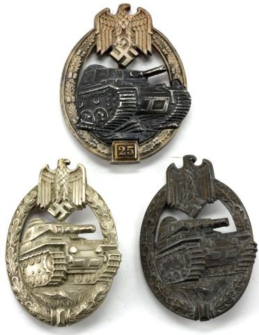 GERMAN WWII NAZI WEHRMACHT PANZER BATTLE BADGES: Wehrmacht Panzer Tank Battle Badges Silver, Bronze, and 25 Engagement Assault Badge. Silver has no hallmark, measures 2.4 x 2.6 inches, weighs15.9 grams, and is in very good condition. Bronze has "DH"