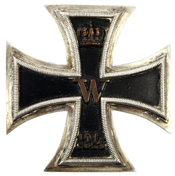 WWI PRUSSIAN IRON CROSS 1ST CLASS 1914 W: WWI Prussian Iron Cross 1st Class. Measures 1.75 x 1.75 inches, weighs15.3g. No hallmark. Wear to finish on crown, "W", date, and edges of inner cross, some staining and discoloration of outer silver 