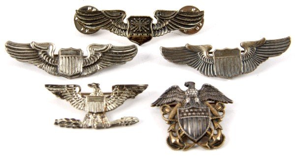 WWII STERLING PILOT WINGS & COLLAR INSIGNIA: Collection of all sterling silver insignia, including 2 inches clutch back Navigator wings, LSB maker marked, 2 inches pilot wings by Meyer, 25 degree opening pin, 2 inches pilot non maker marked 90 d