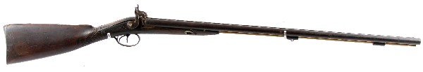 ANTIQUE 16 GAUGE SBS MUZZLE LOADING SHOTGUN: Antique side by side 16 gauge muzzle loading percussion shotgun. One hammer is non-working. Damascus pattern barrel, with dark plum patina. Overall fair condition. Caliber: 16 Gauge Serial #: None