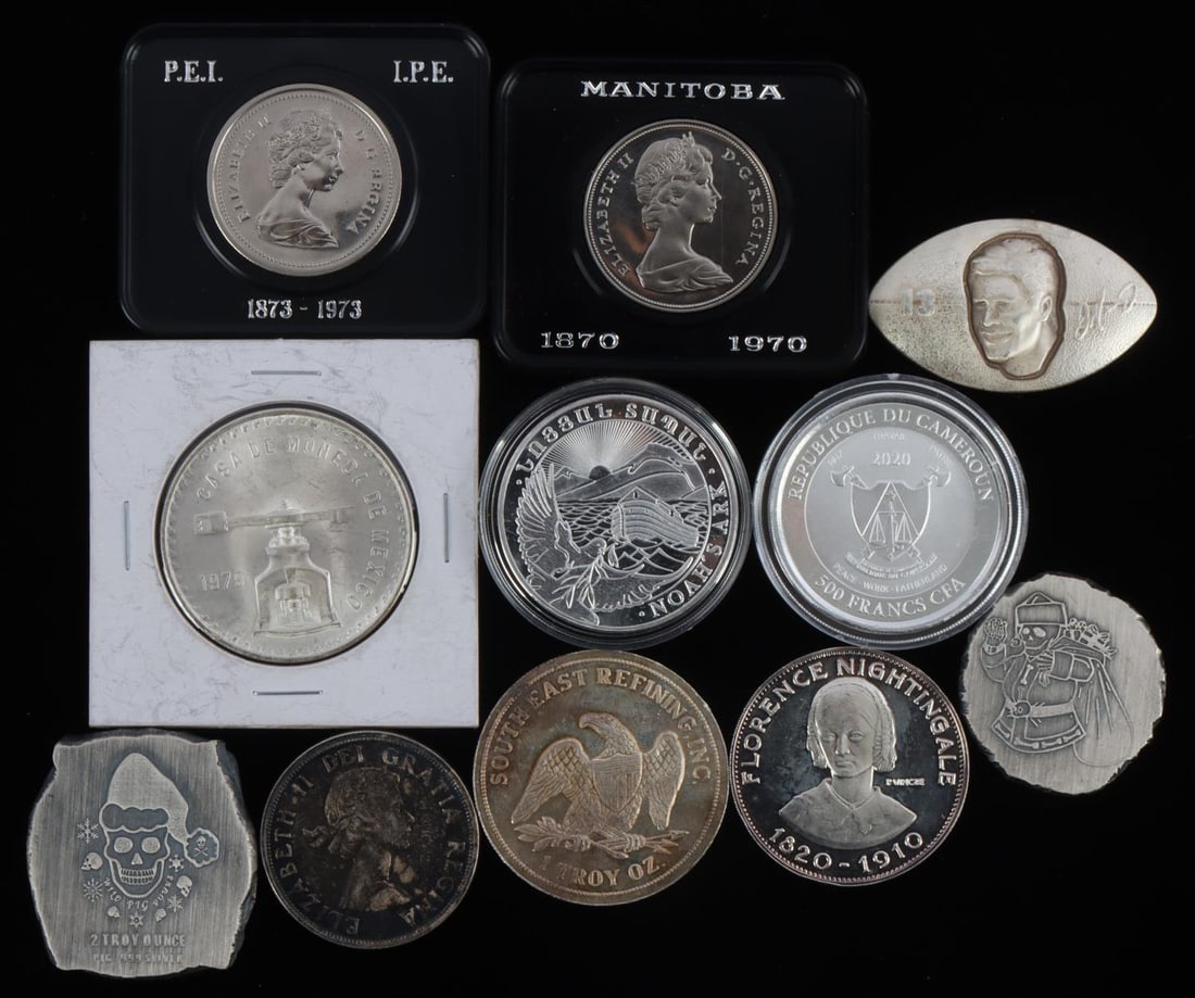 7.5 TROY OUNCE MIXED SILVER BULLION LOT: Lot features 2 Canadian dollars weighing 15 grams each in proof finish, one ounce Mexican peso, 500 Dram Armenian proof coin, 500 Francs Cameroon proof coin, Florence Nightingale one ounce commemorati