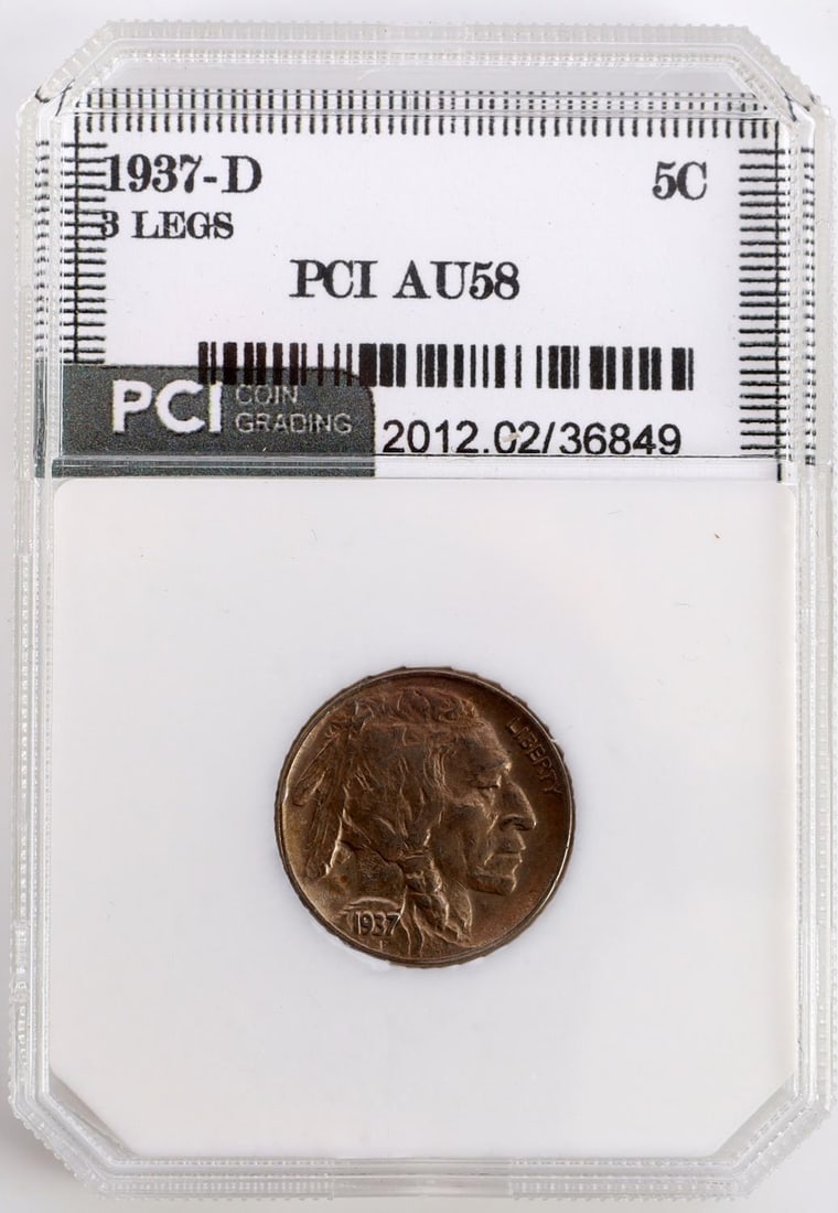 1937 D 3 LEG BUFFALO NICKLE PCI AU58: Condition commensurate with the grade, clear error.